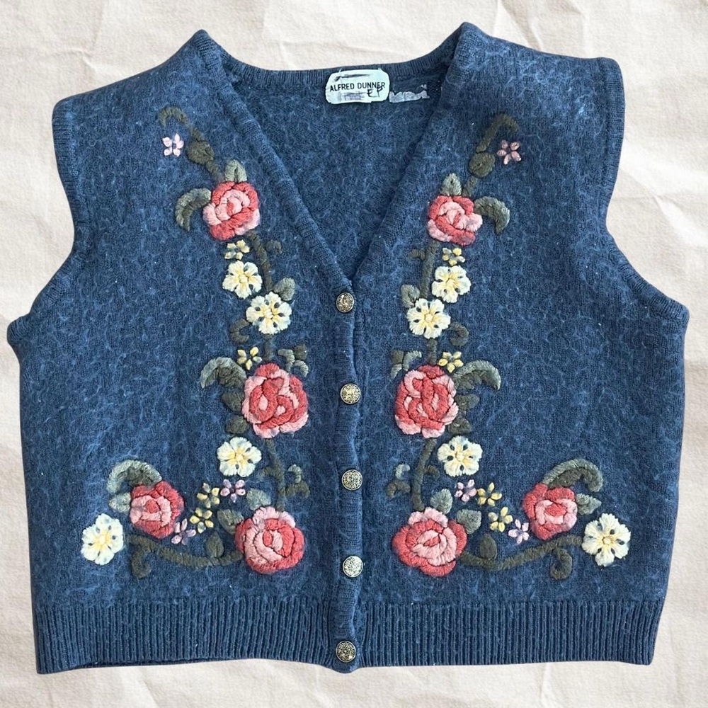Alfred Dunner Blue Vest with Floral Embroidery